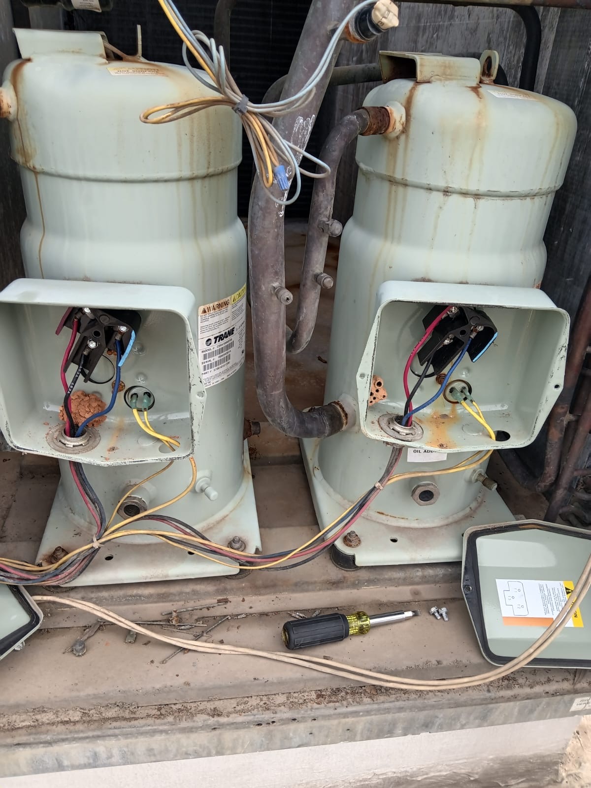 Dual Trane compressors on a commercial rooftop unit